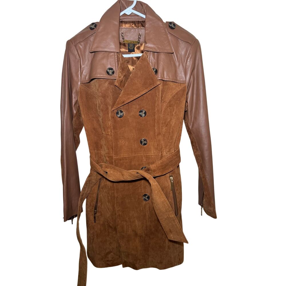 IMAN Genuine Leather & Suede Colorblock Trench Coat Brown Belted Size L
